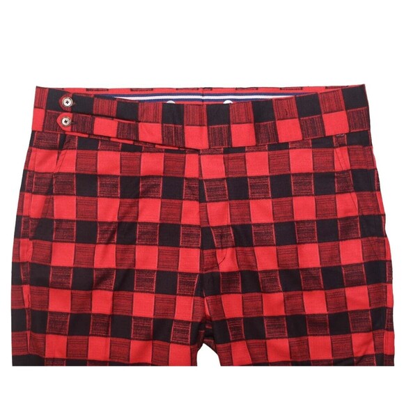 Mens Gurkha Pants Red Black Plaid Check Slim Straight High Waist Flat Front 34 - Picture 4 of 7